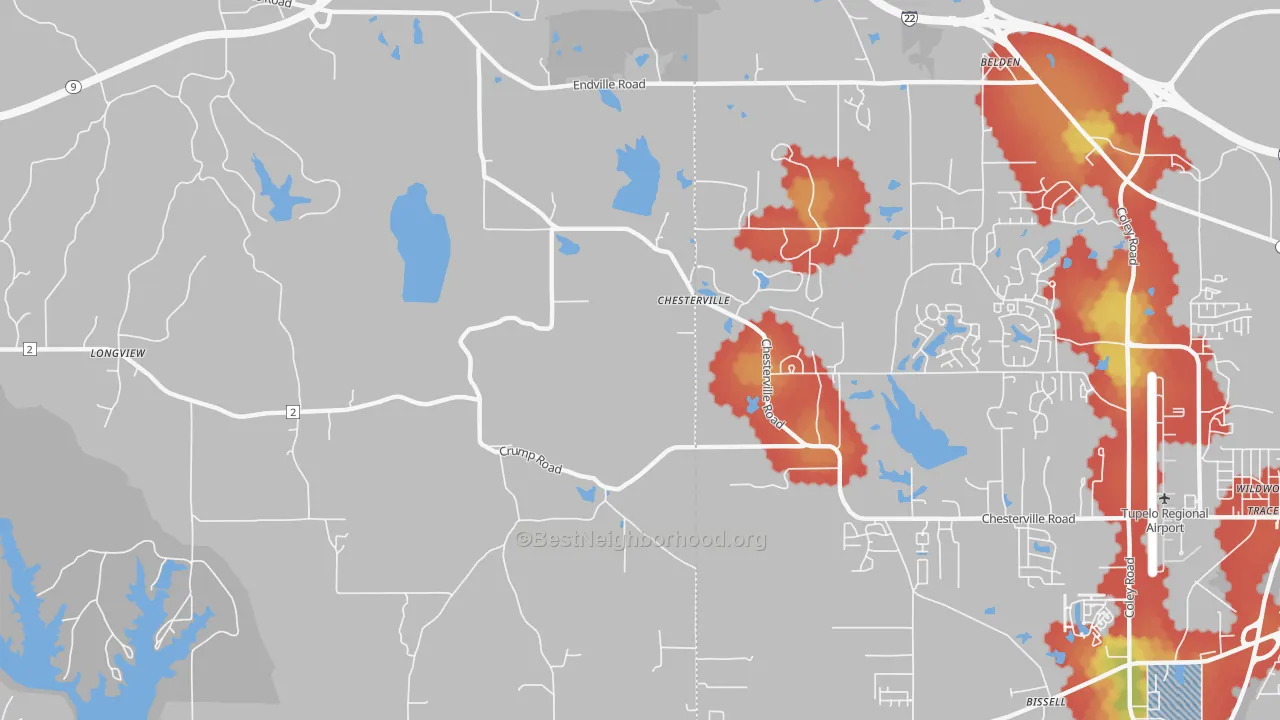 Walk Grade map of Chesterville, MS, walkable areas in green and car-dependent areas in red