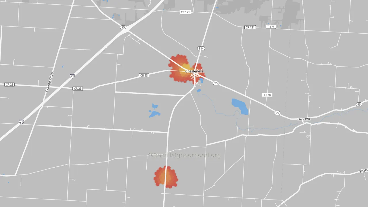 Walk Grade map of Chesterville, OH, walkable areas in green and car-dependent areas in red