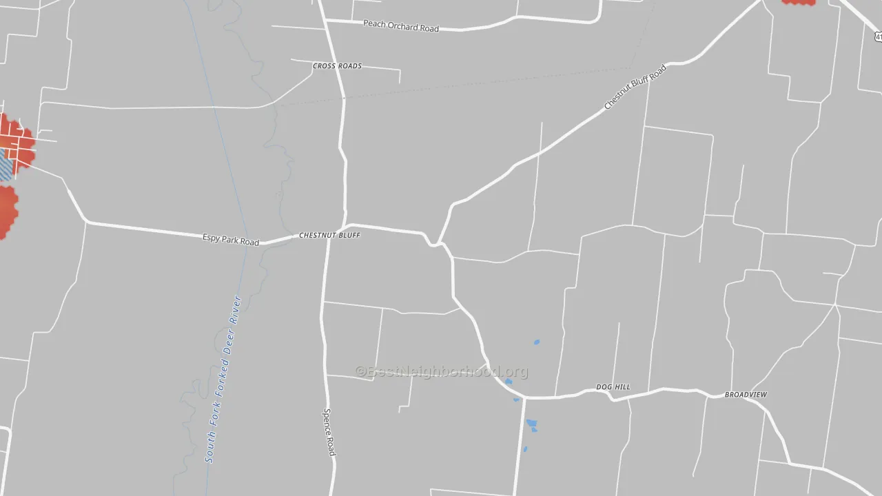 Walk Grade map of Chestnut Bluff, TN, walkable areas in green and car-dependent areas in red