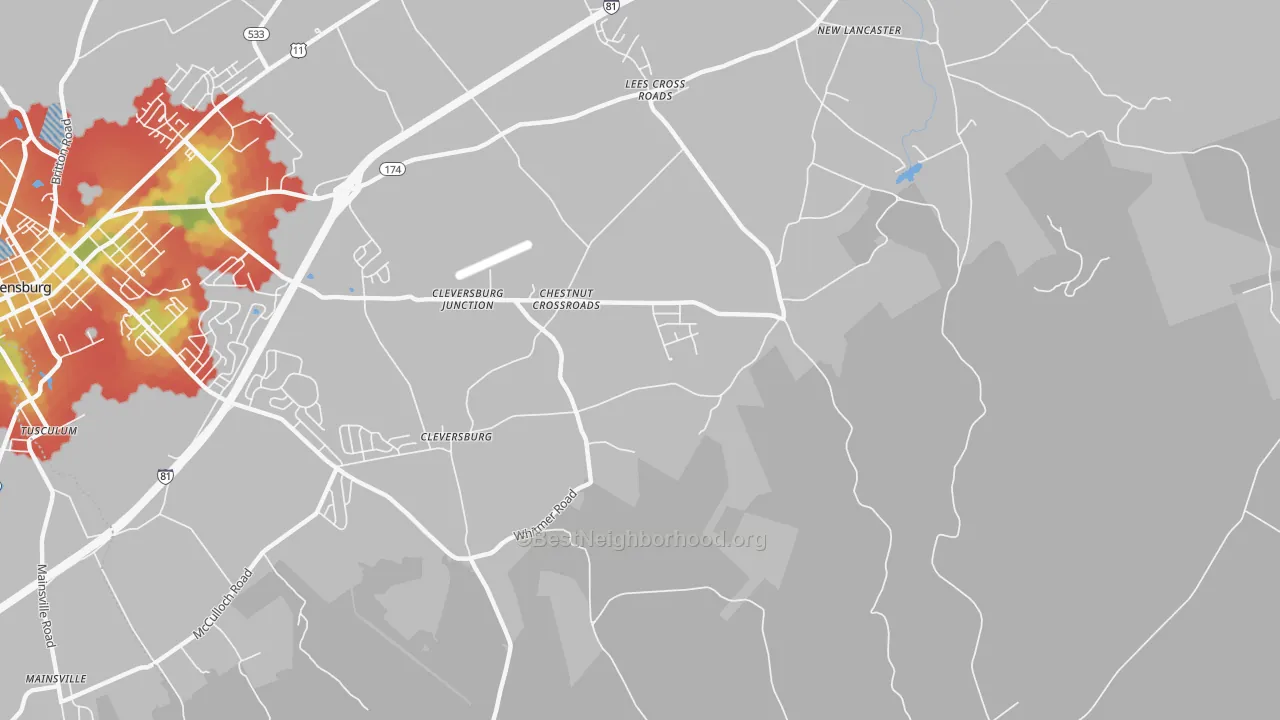 Walk Grade map of Chestnut Crossroads, PA, walkable areas in green and car-dependent areas in red
