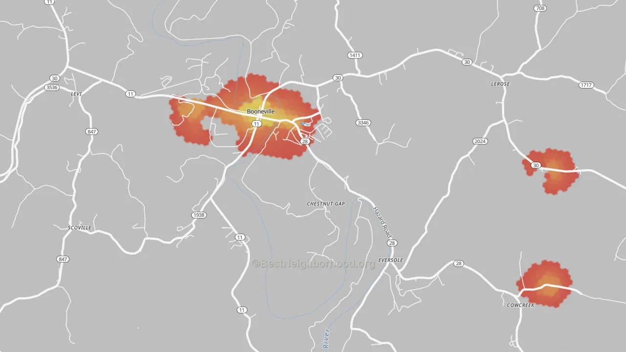 Walk Grade map of Chestnut Gap, KY, walkable areas in green and car-dependent areas in red