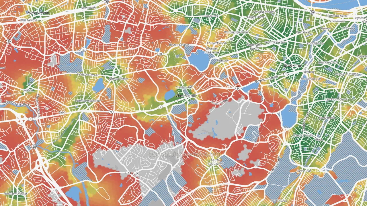 Walk Grade map of Chestnut Hill, MA, walkable areas in green and car-dependent areas in red