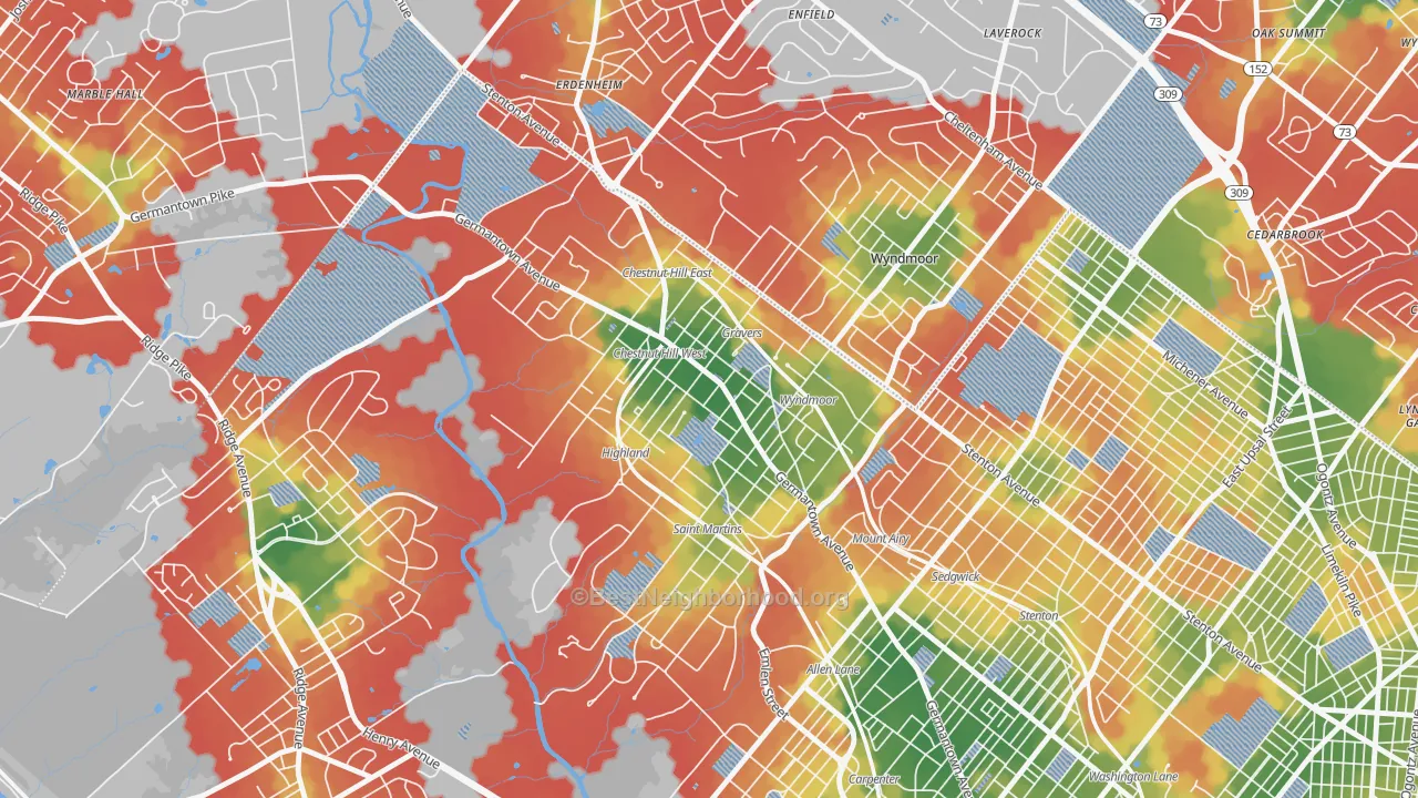 Walk Grade map of Chestnut Hill, Philadelphia, PA, walkable areas in green and car-dependent areas in red