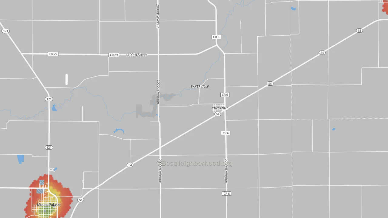 Walk Grade map of Chestnut, IL, walkable areas in green and car-dependent areas in red