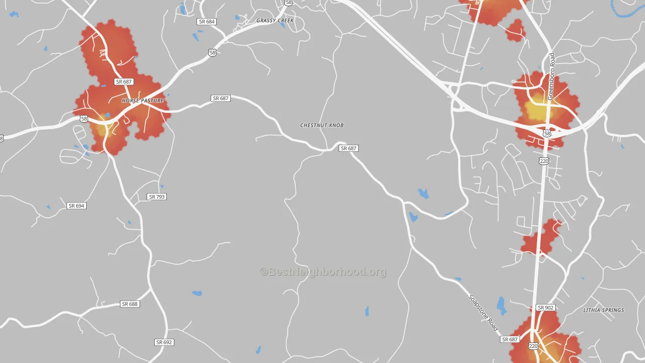Walk Grade map of Chestnut Knob, VA, walkable areas in green and car-dependent areas in red