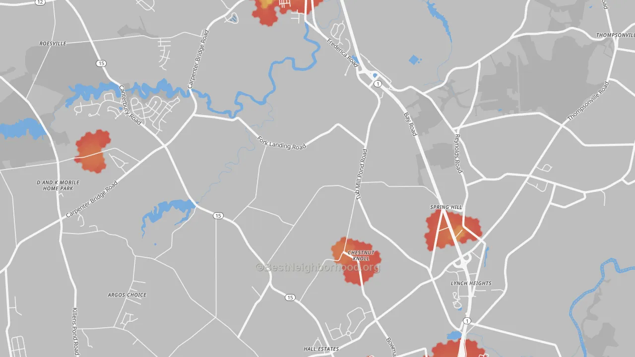 Walk Grade map of Chestnut Knoll, DE, walkable areas in green and car-dependent areas in red