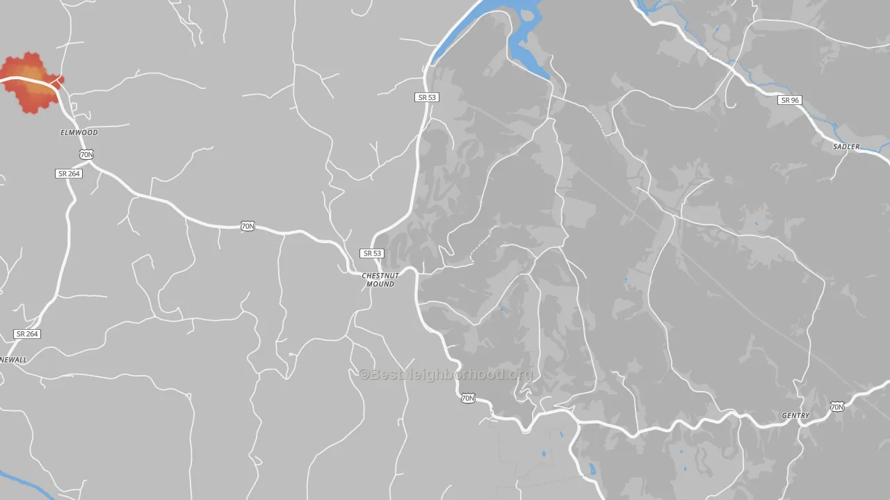 Walk Grade map of Chestnut Mound, TN, walkable areas in green and car-dependent areas in red