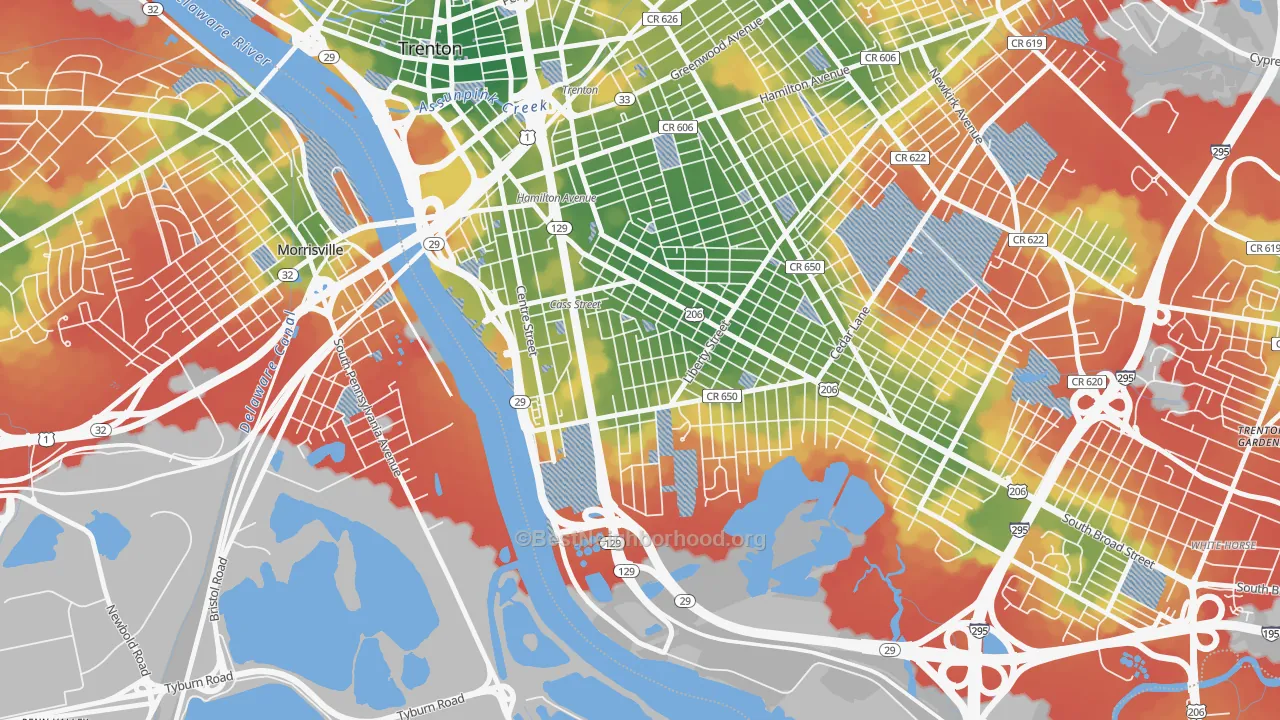 Walk Grade map of Chestnut Park, Trenton, NJ, walkable areas in green and car-dependent areas in red