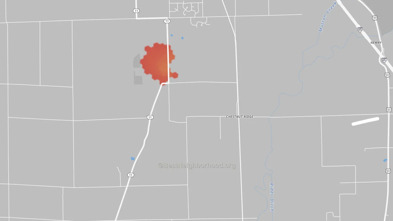 Walk Grade map of Chestnut Ridge, IN, walkable areas in green and car-dependent areas in red