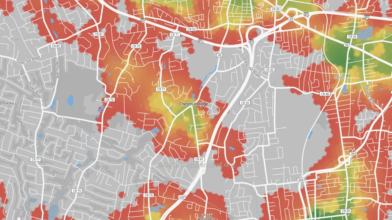 Walk Grade map of Chestnut Ridge, NY, walkable areas in green and car-dependent areas in red