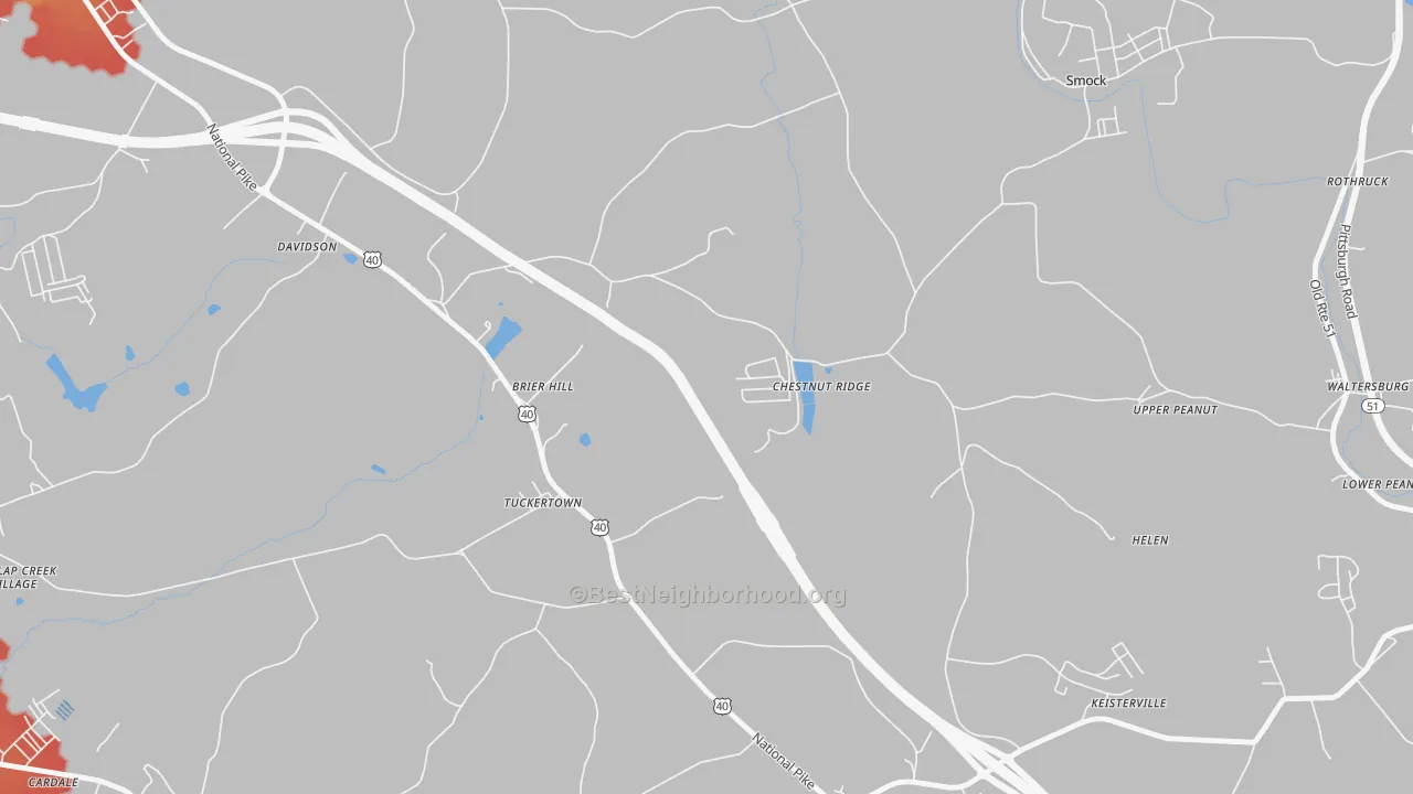 Walk Grade map of Chestnut Ridge, PA, walkable areas in green and car-dependent areas in red