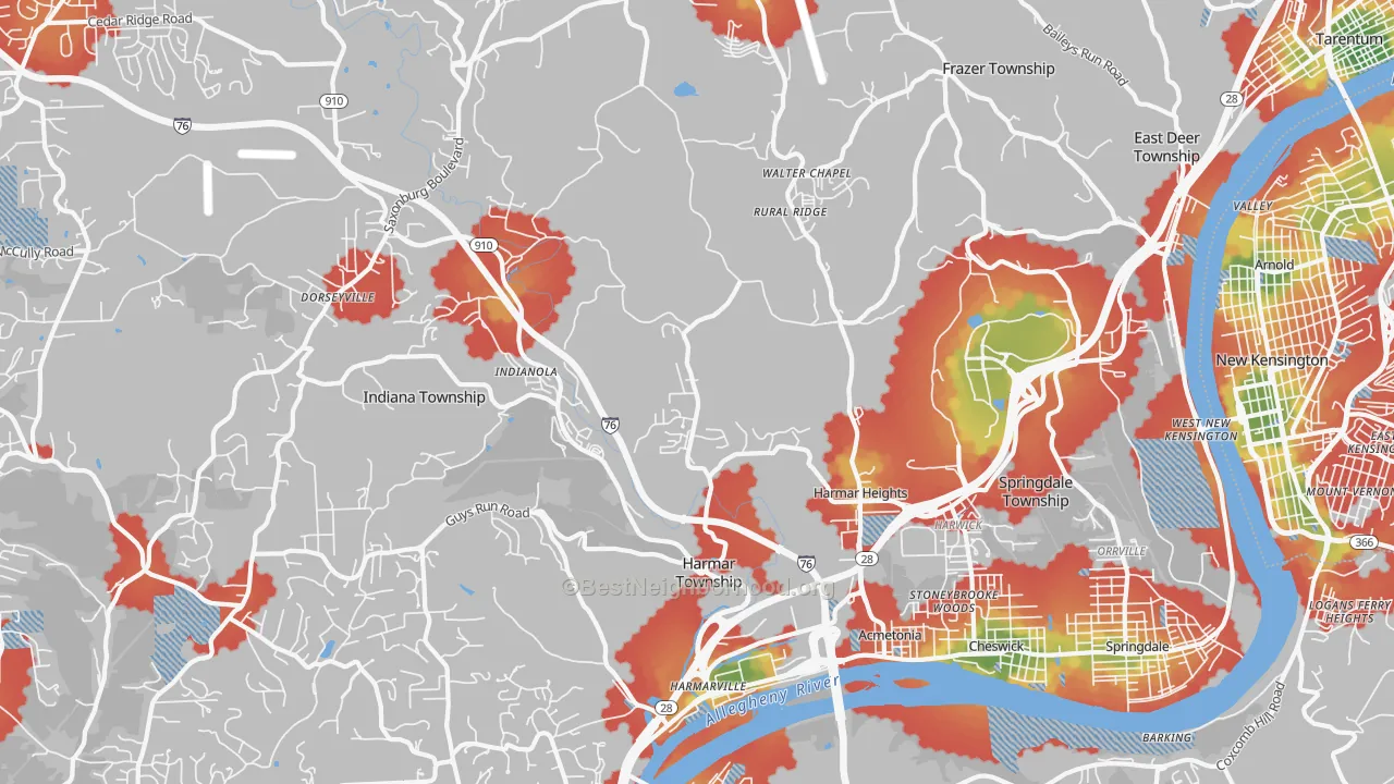 Walk Grade map of Cheswick, PA, walkable areas in green and car-dependent areas in red
