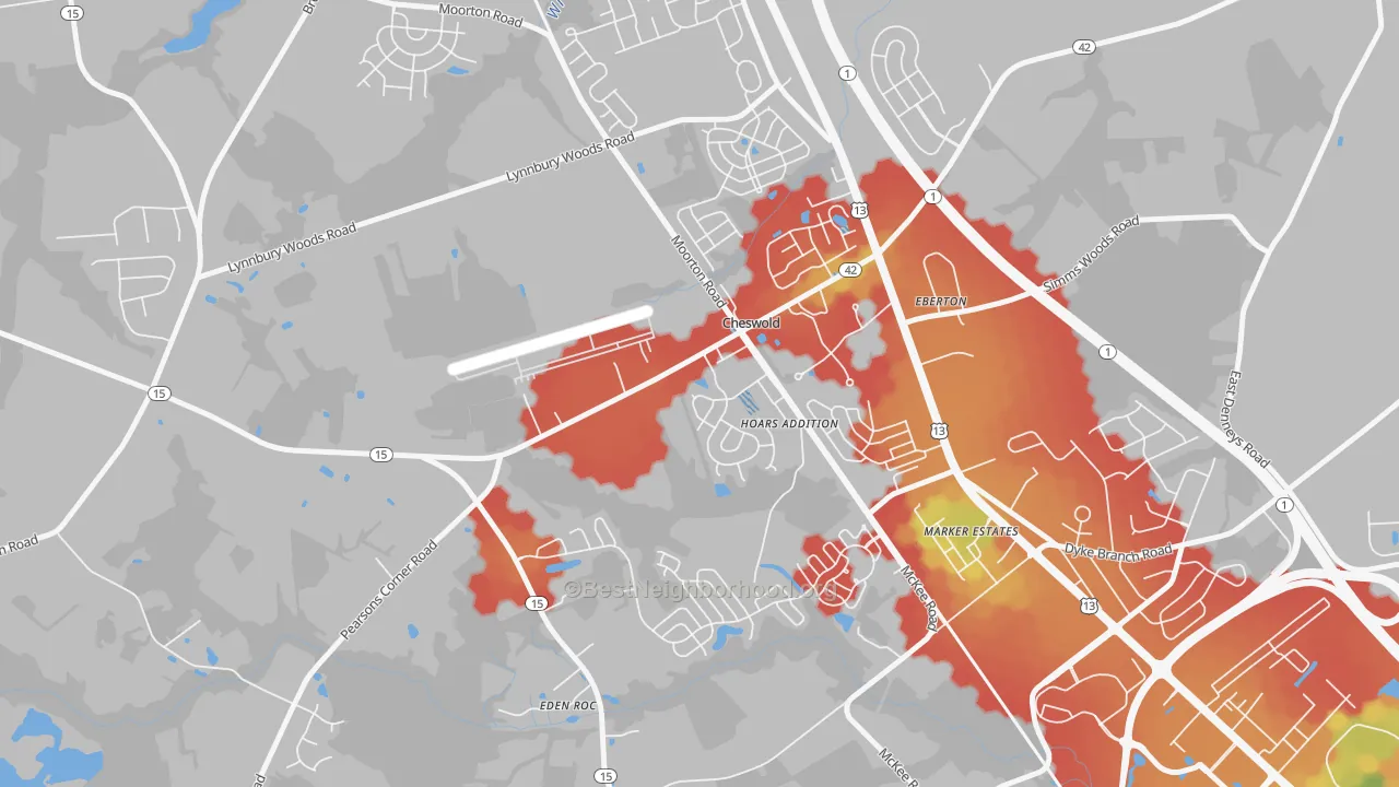 Walk Grade map of Cheswold, DE, walkable areas in green and car-dependent areas in red