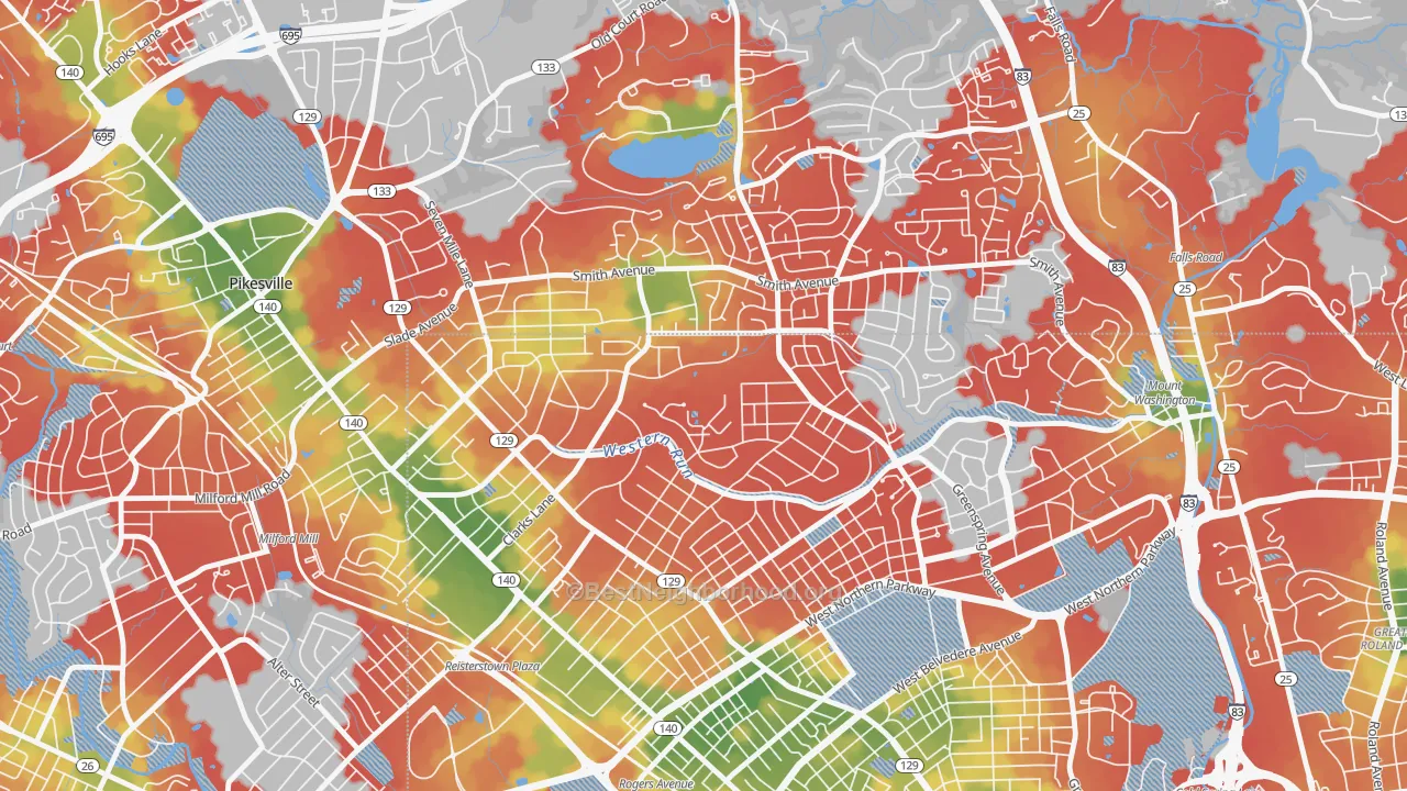 Walk Grade map of Cheswolde, Baltimore, MD, walkable areas in green and car-dependent areas in red