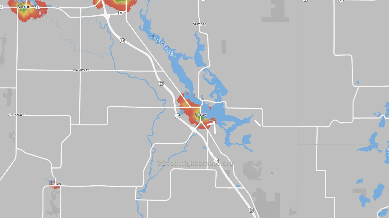 Walk Grade map of Chetek, WI, walkable areas in green and car-dependent areas in red