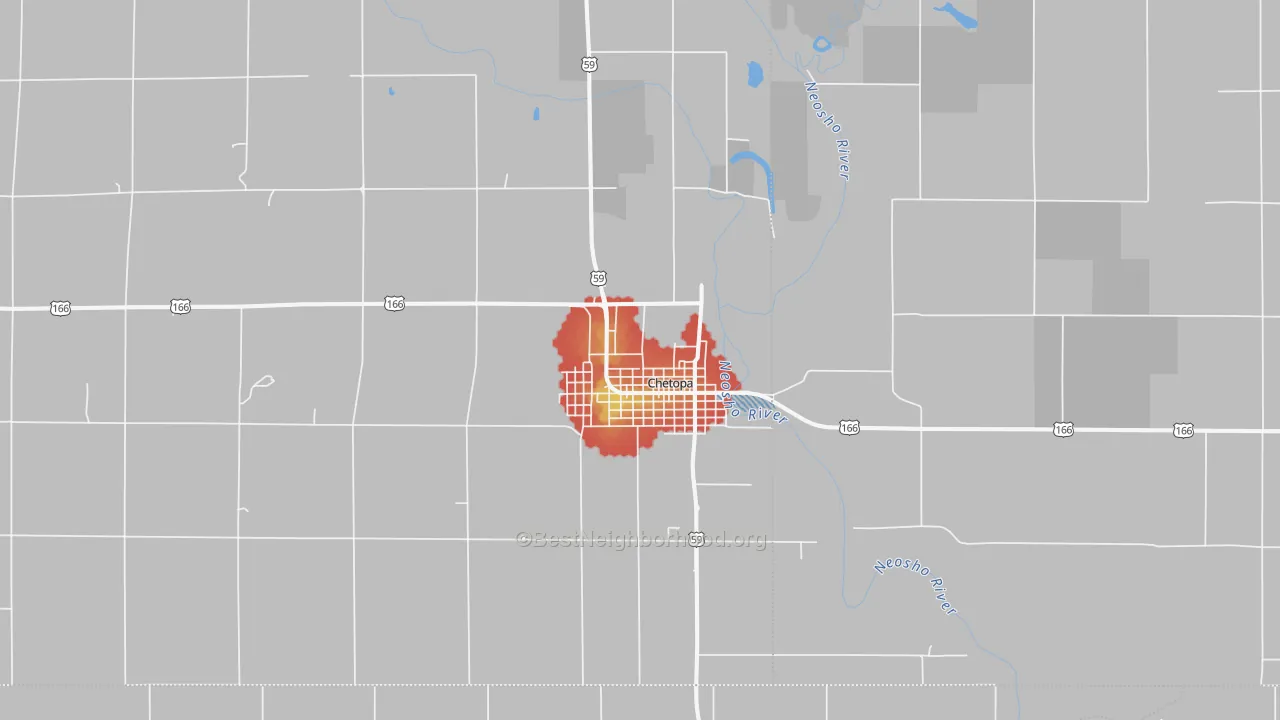 Walk Grade map of Chetopa, KS, walkable areas in green and car-dependent areas in red