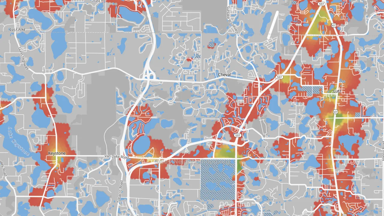 Walk Grade map of Cheval, FL, walkable areas in green and car-dependent areas in red