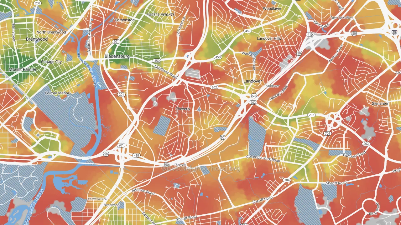 Walk Grade map of Cheverly, MD, walkable areas in green and car-dependent areas in red