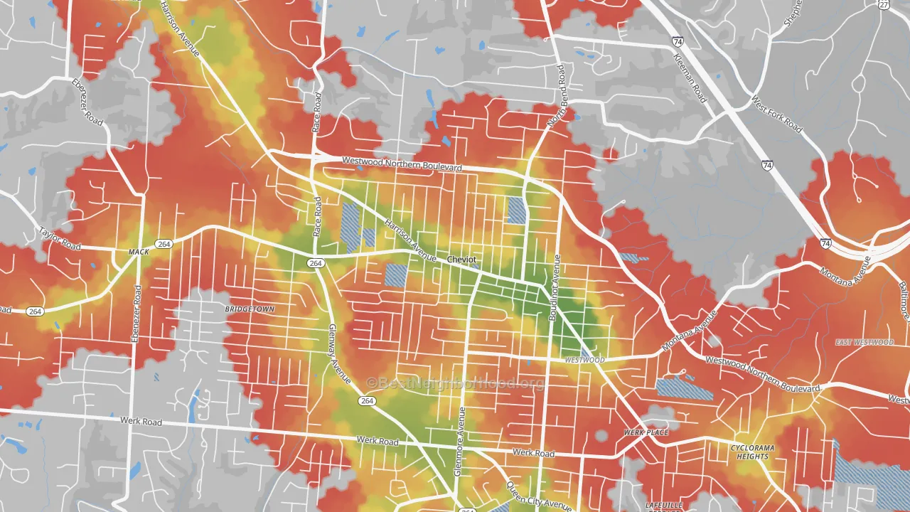 Walk Grade map of Cheviot, OH, walkable areas in green and car-dependent areas in red