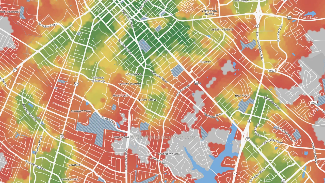Walk Grade map of Chevy Chase-Ashland Park, Lexington, KY, walkable areas in green and car-dependent areas in red