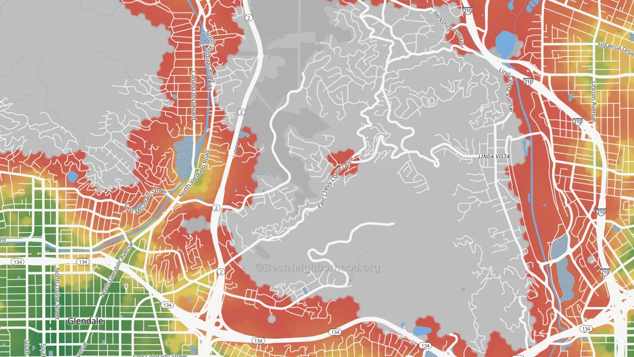 Walk Grade map of Chevy Chase, Glendale, CA, walkable areas in green and car-dependent areas in red