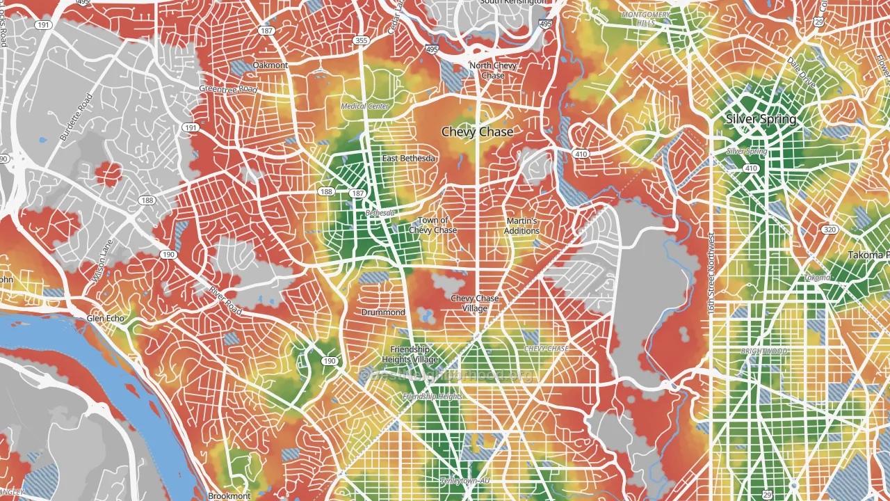 Walk Grade map of Chevy Chase, MD, walkable areas in green and car-dependent areas in red