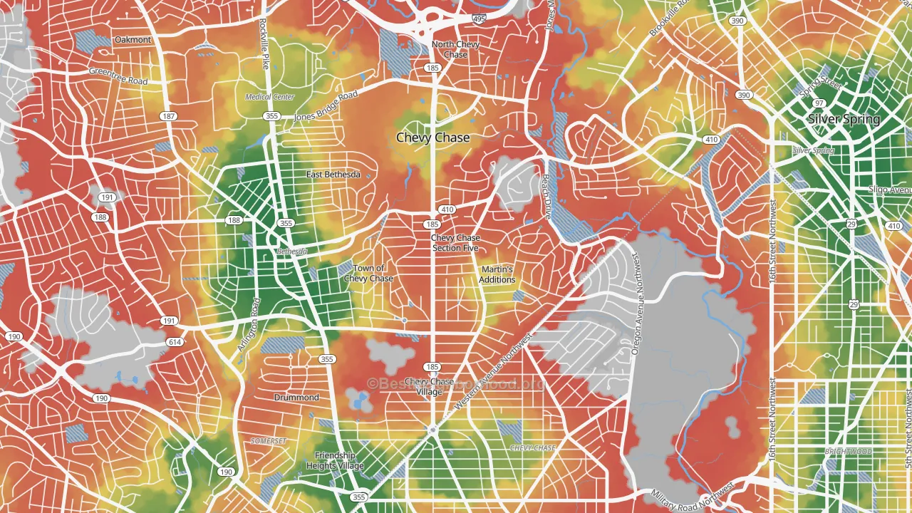 Walk Grade map of Chevy Chase Section Five, MD, walkable areas in green and car-dependent areas in red