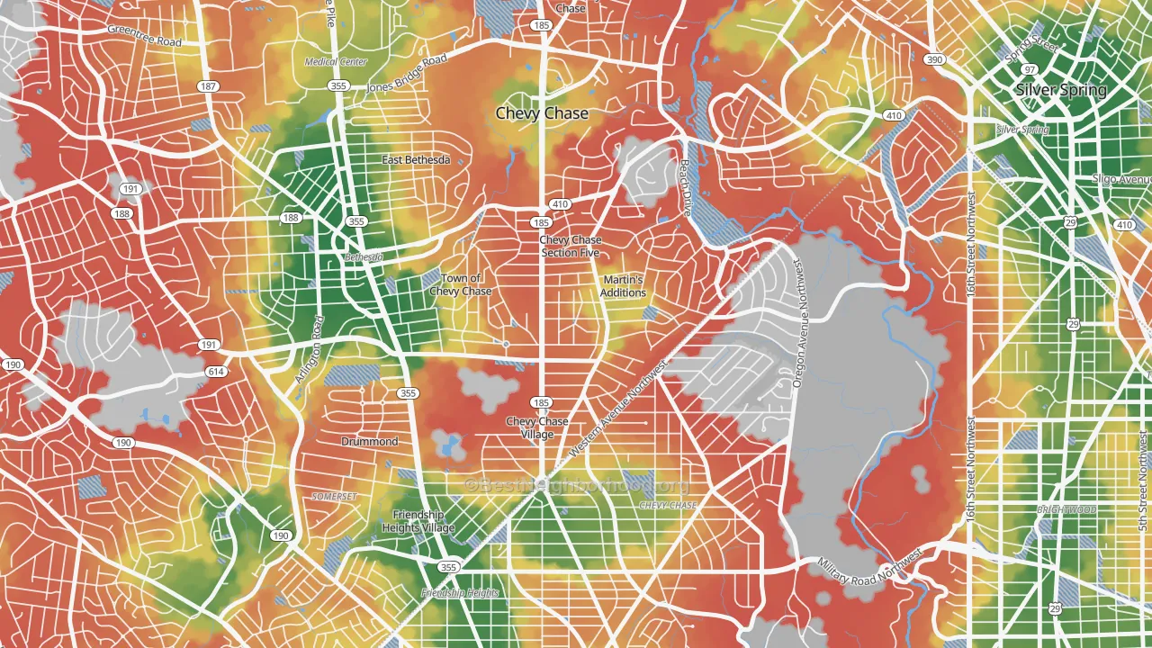 Walk Grade map of Chevy Chase Section Three, MD, walkable areas in green and car-dependent areas in red