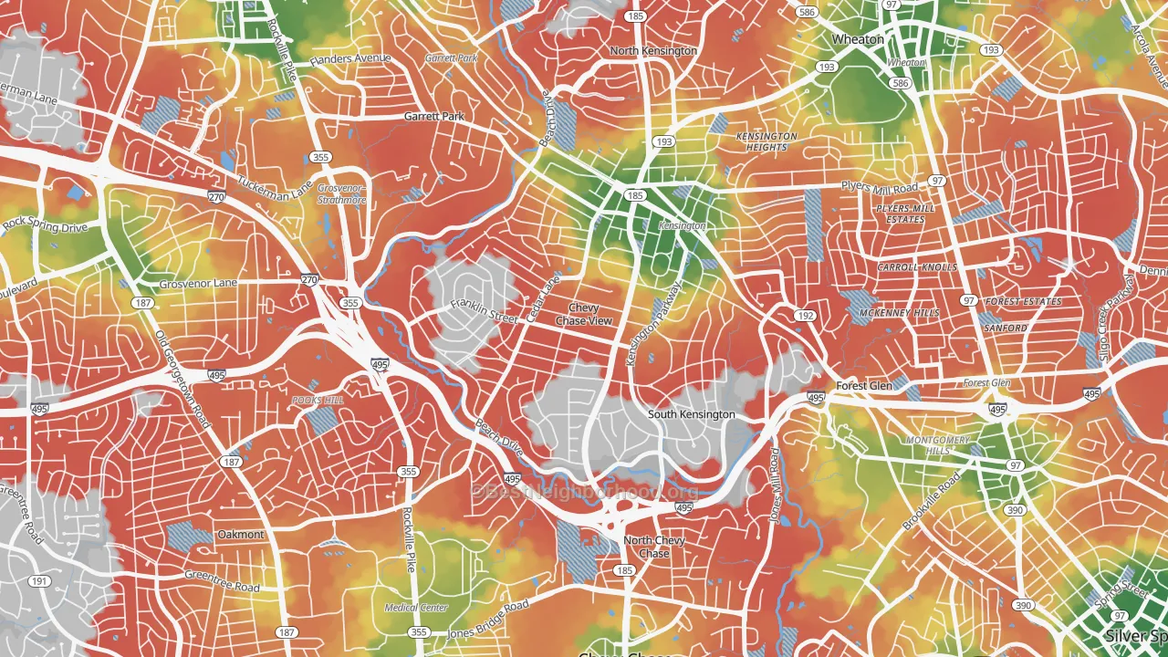 Walk Grade map of Chevy Chase View, MD, walkable areas in green and car-dependent areas in red