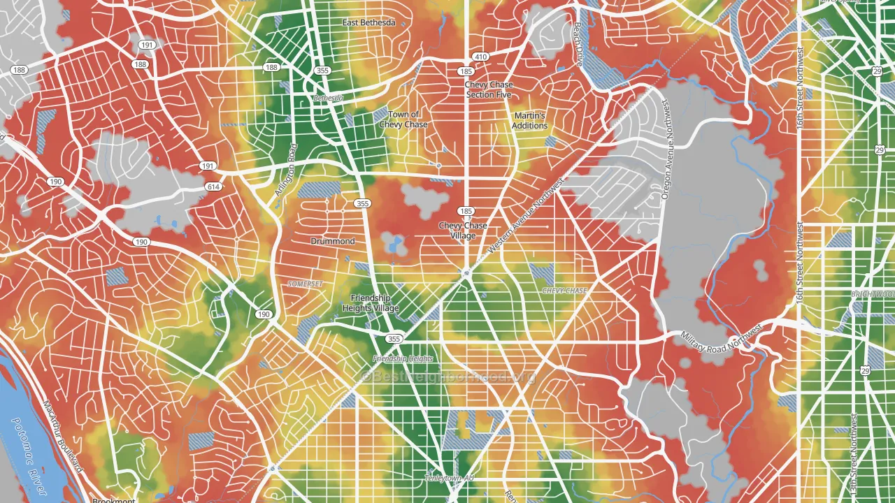 Walk Grade map of Chevy Chase Village, MD, walkable areas in green and car-dependent areas in red