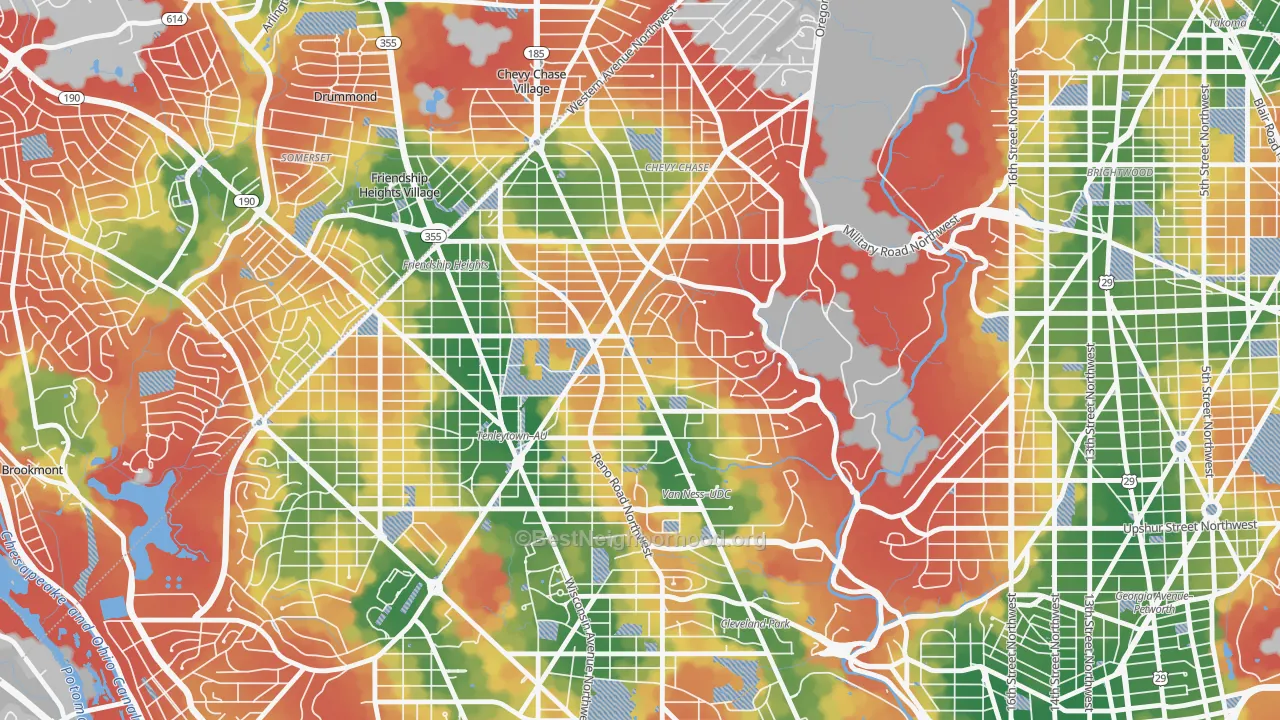 Walk Grade map of Chevy Chase, Washington, DC, walkable areas in green and car-dependent areas in red