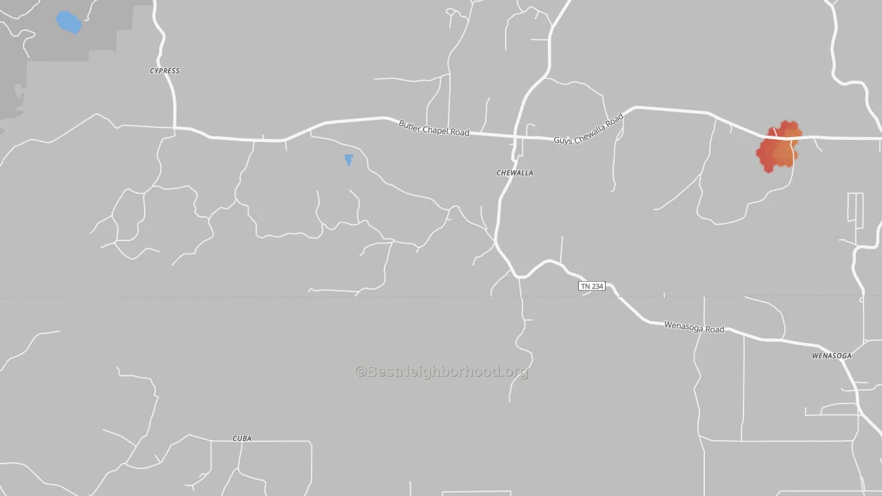Walk Grade map of Chewalla, TN, walkable areas in green and car-dependent areas in red
