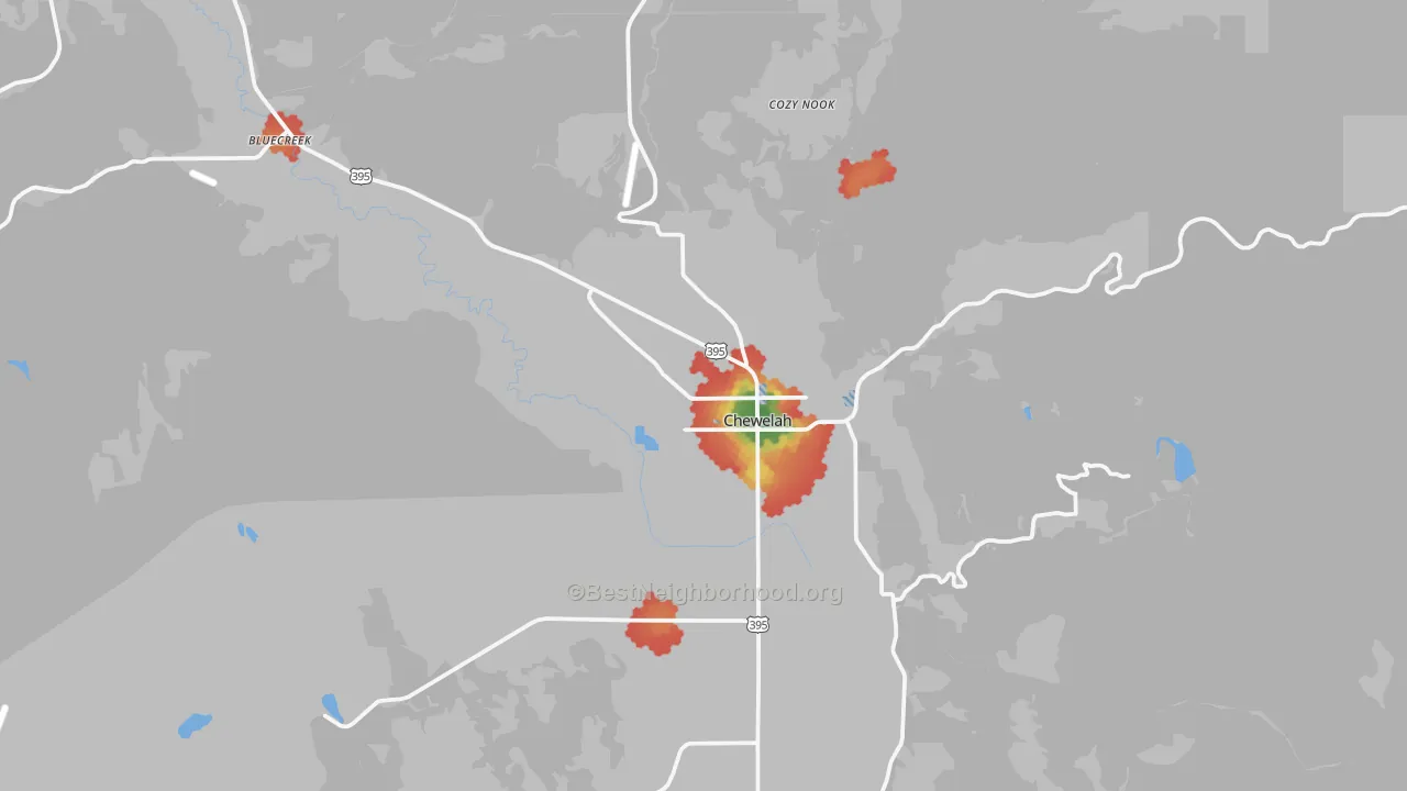 Walk Grade map of Chewelah, WA, walkable areas in green and car-dependent areas in red