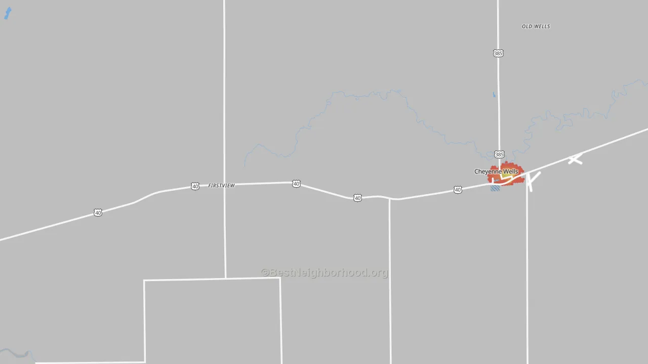 Walk Grade map of Cheyenne County, CO, walkable areas in green and car-dependent areas in red