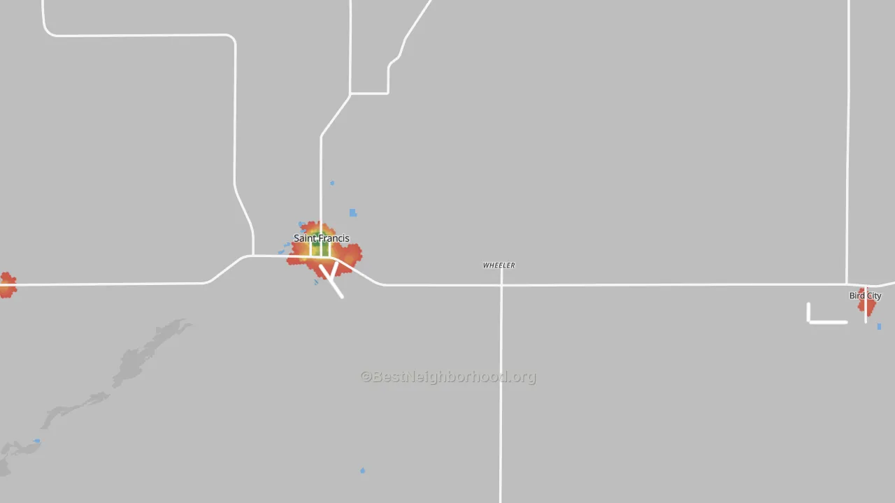 Walk Grade map of Cheyenne County, KS, walkable areas in green and car-dependent areas in red