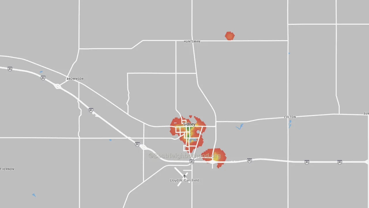 Walk Grade map of Cheyenne County, NE, walkable areas in green and car-dependent areas in red