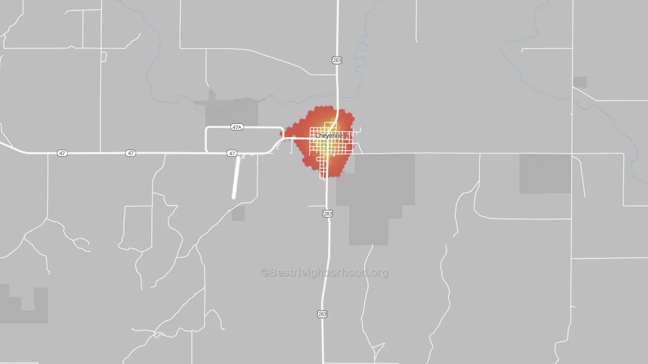 Walk Grade map of Cheyenne, OK, walkable areas in green and car-dependent areas in red