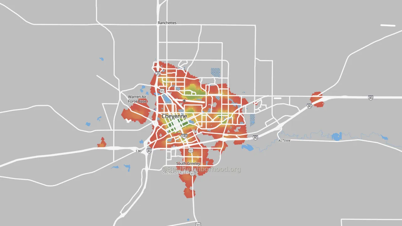 Walk Grade map of Cheyenne, WY, walkable areas in green and car-dependent areas in red