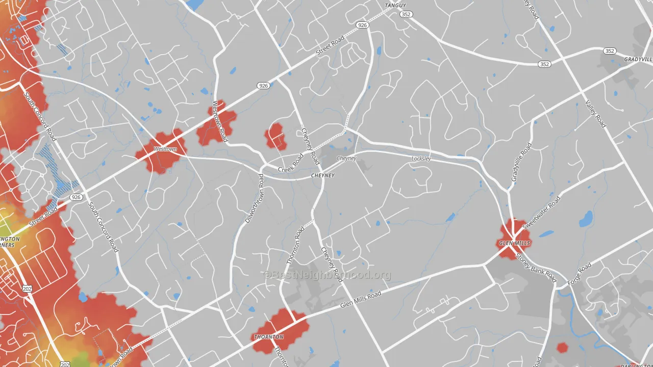 Walk Grade map of Cheyney, PA, walkable areas in green and car-dependent areas in red