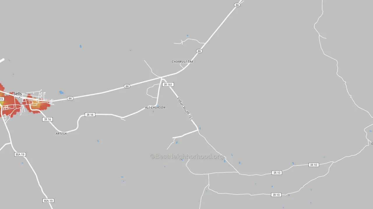 Walk Grade map of Chiawuli Tak, AZ, walkable areas in green and car-dependent areas in red