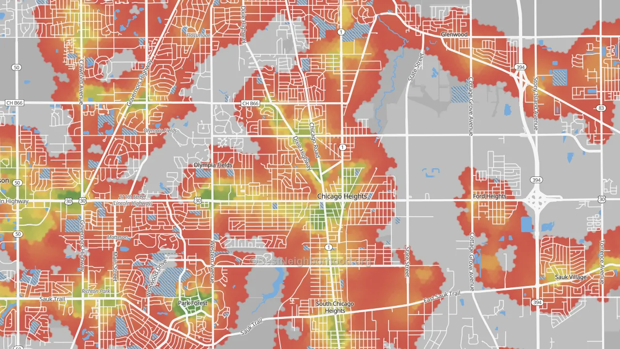 Walk Grade map of Chicago Heights, IL, walkable areas in green and car-dependent areas in red