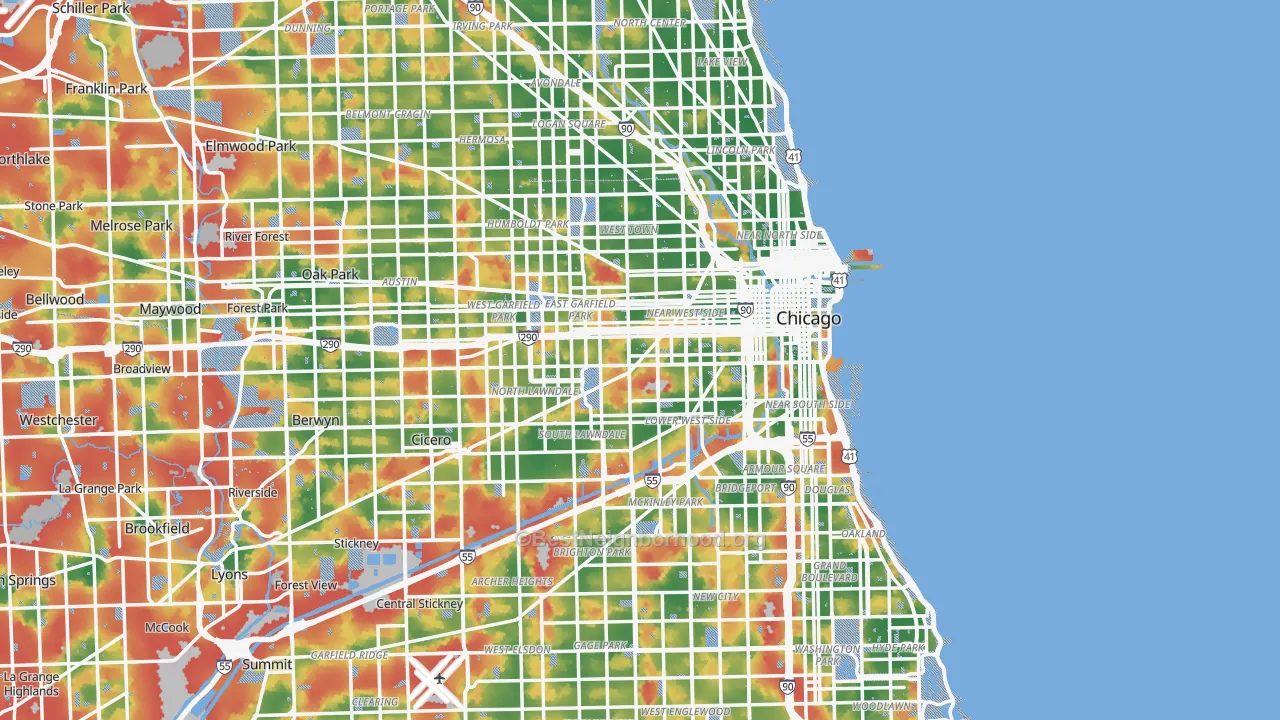 Walk Grade map of Chicago, IL, walkable areas in green and car-dependent areas in red
