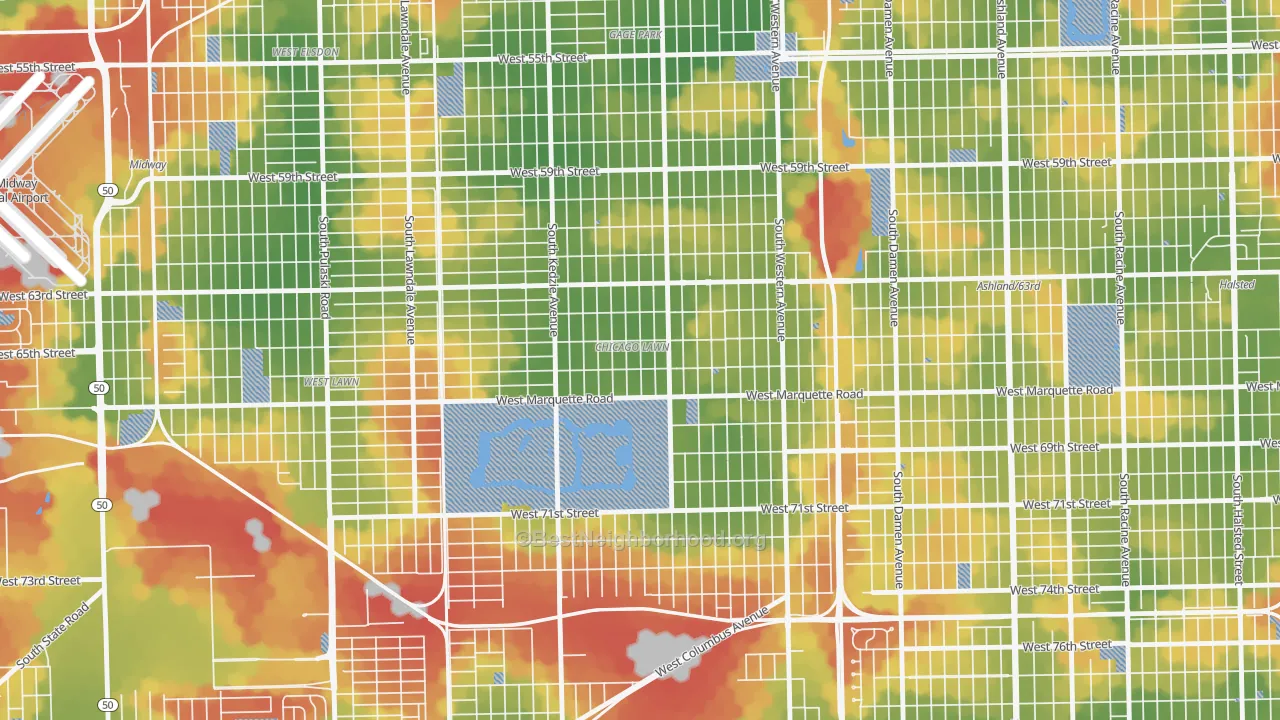 Walk Grade map of Chicago Lawn, Chicago, IL, walkable areas in green and car-dependent areas in red