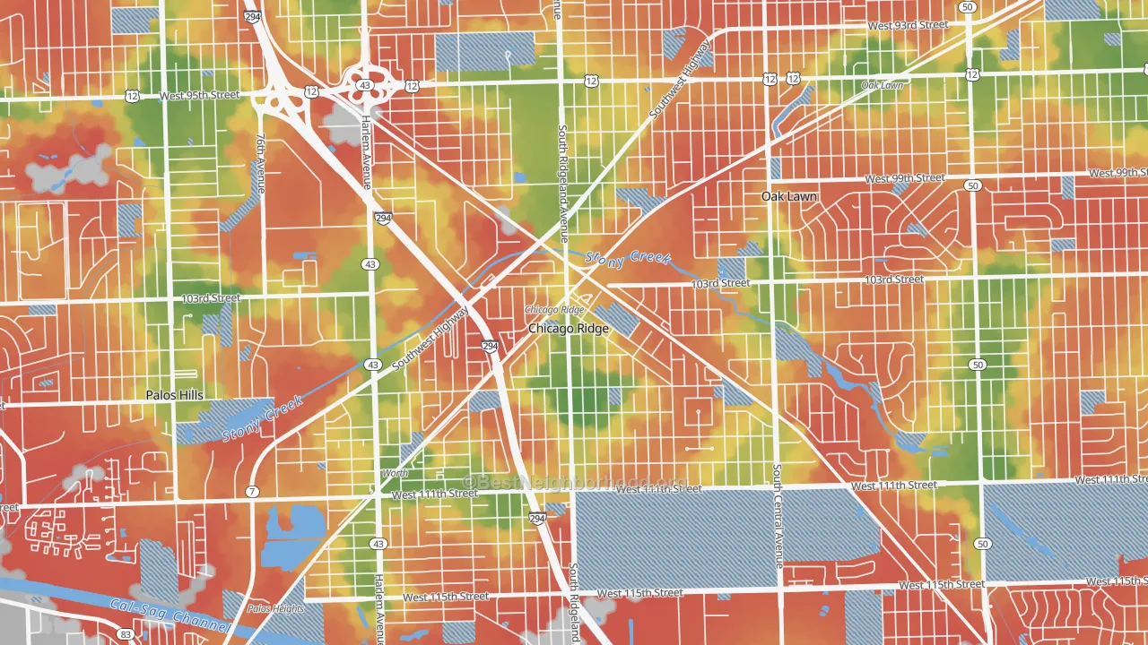 Walk Grade map of Chicago Ridge, IL, walkable areas in green and car-dependent areas in red