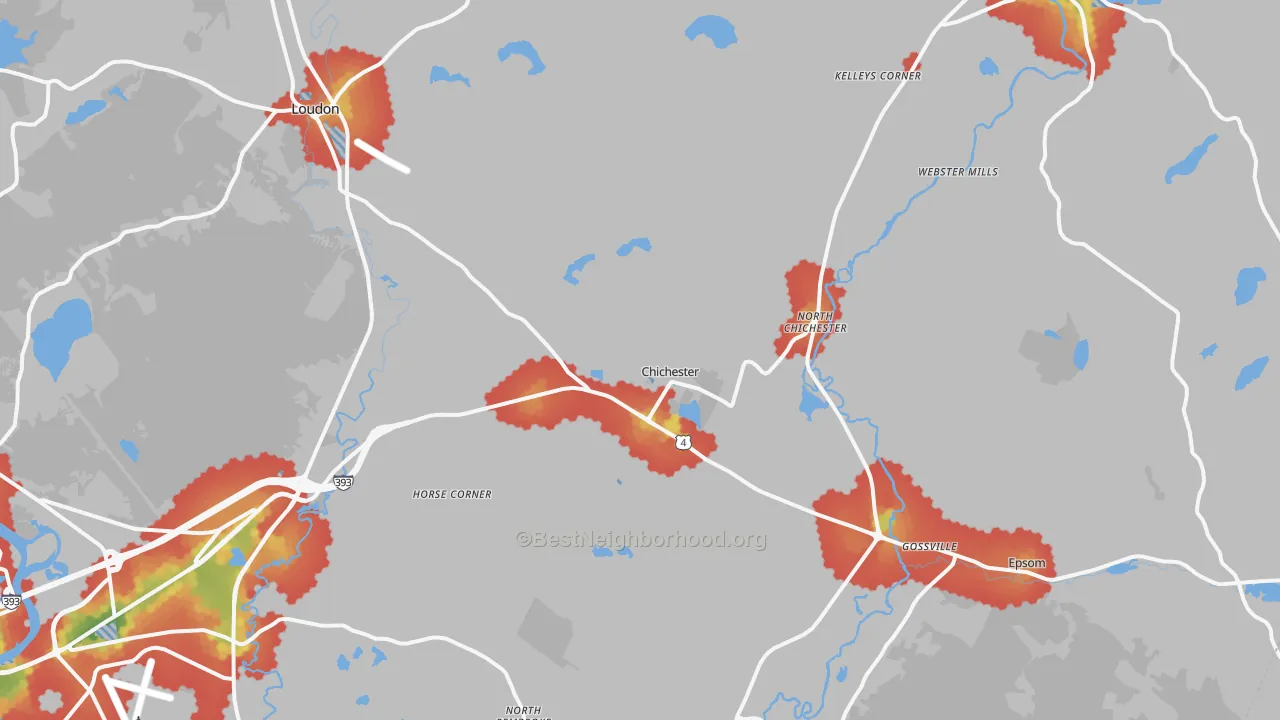 Walk Grade map of Chichester, NH, walkable areas in green and car-dependent areas in red