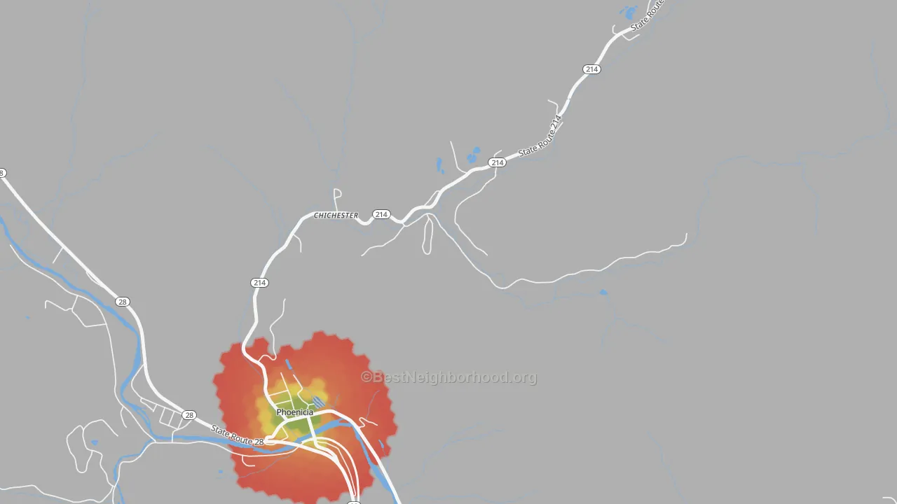 Walk Grade map of Chichester, NY, walkable areas in green and car-dependent areas in red