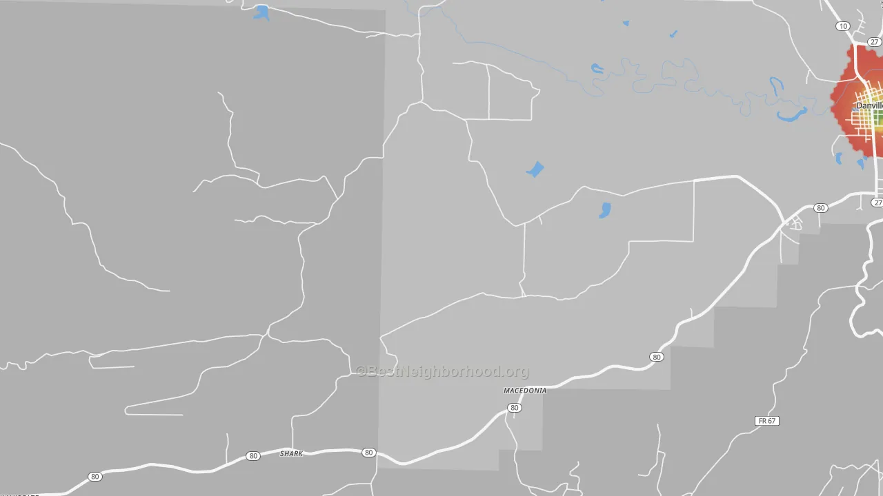 Walk Grade map of Chickalah, AR, walkable areas in green and car-dependent areas in red