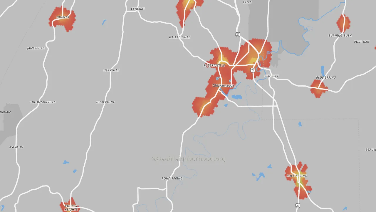 Walk Grade map of Chickamauga, GA, walkable areas in green and car-dependent areas in red