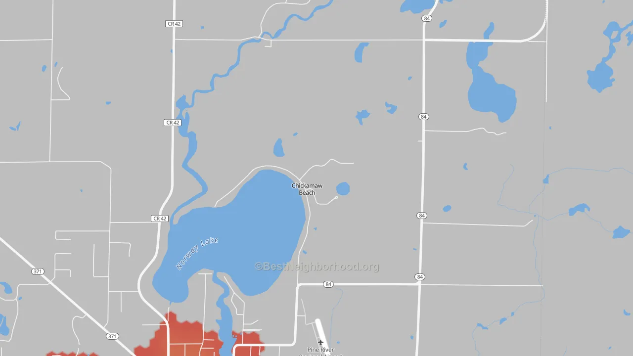 Walk Grade map of Chickamaw Beach, MN, walkable areas in green and car-dependent areas in red