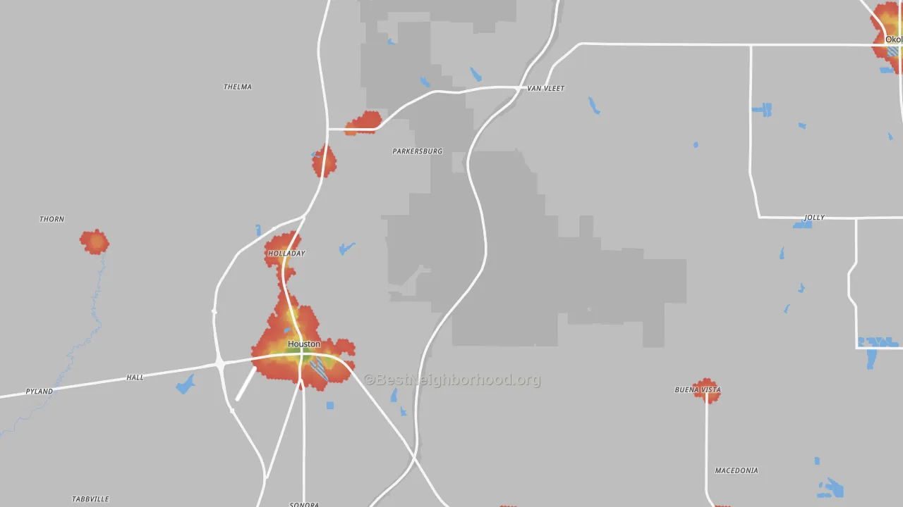 Walk Grade map of Chickasaw County, MS, walkable areas in green and car-dependent areas in red
